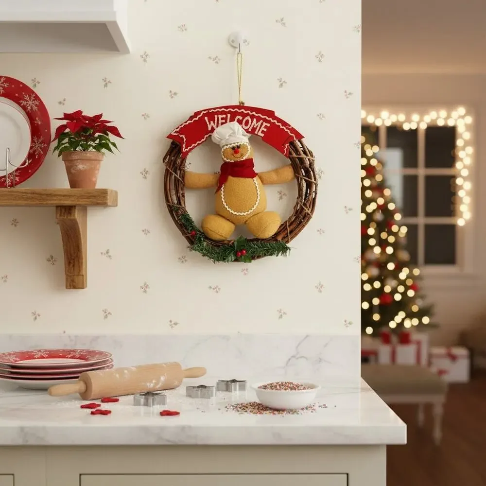 Vintage Gingerbread Christmas Wreath Welcome Sign-Felt-Bakery-Holiday-Country - Picture 2 of 5